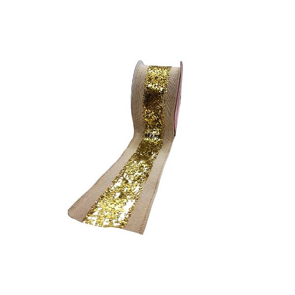 Fita Decorativa Aramada - Bege Com Dourado - 6,3cmx9,14m - 1 unidade - Rizzo