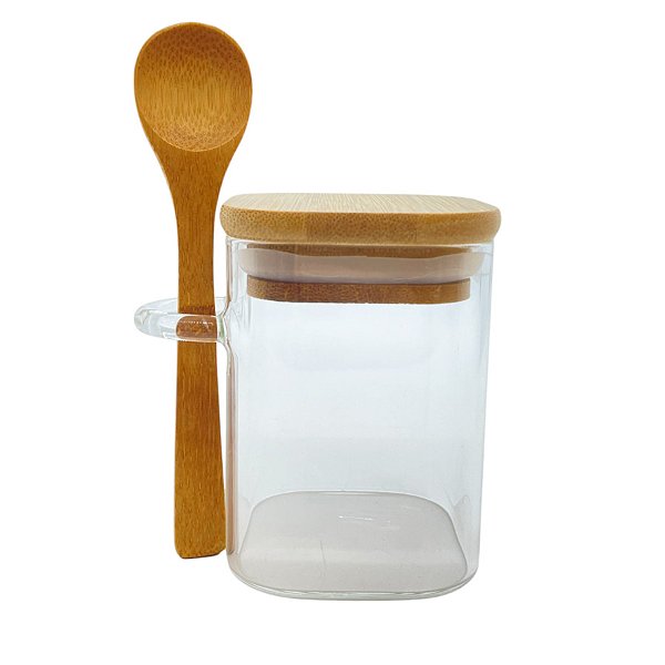Pote de Vidro Hermético com Tampa e Colher de Bambu - 6x8cm - 185ml - 1 unidade - Rizzo