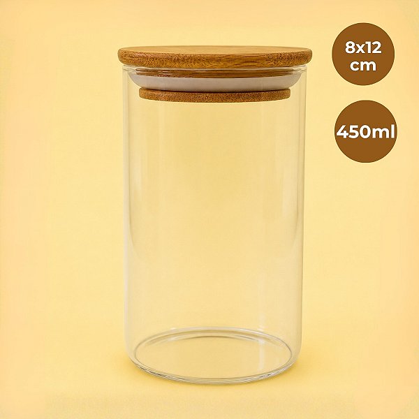 Pote de Vidro Hermético com Tampa de Bambu - 8x12cm - 450ml - 1 unidade - Rizzo