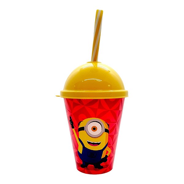 Copo com Tampa e Canudo - Minions Comendo Banana e Animado - 280ml - 1 unidade - Plasútil - Rizzo