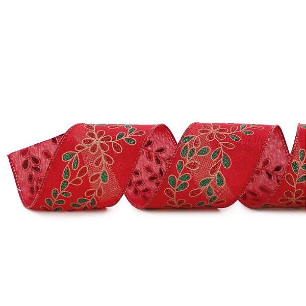 Fita Decorativa Aramada - Folhas e Flores Verde e Vermelho - 6,3x914cm   - 1 unidade - Cromus - Rizzo