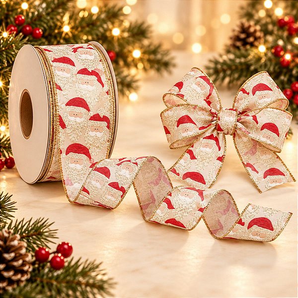 Fita Decorativa Aramada - Estampada Papai Noel - 6,3x914cm - 1 unidade - Cromus - Rizzo