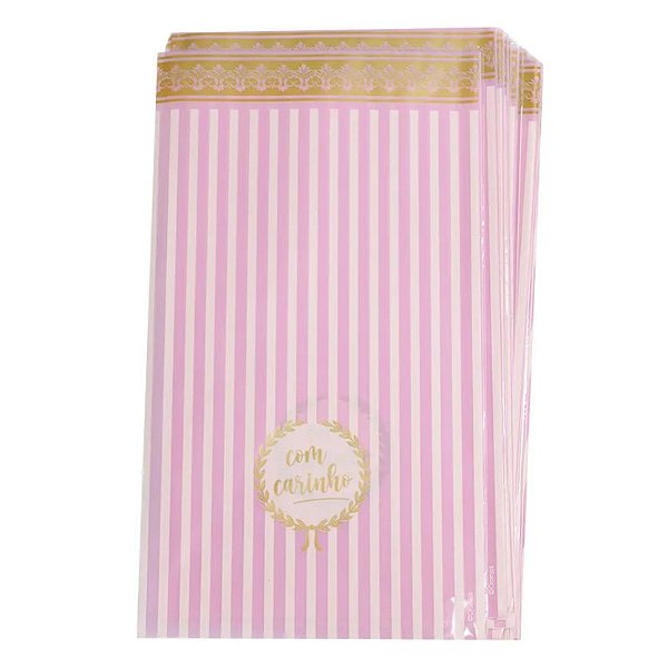 Saco para Presente - Rosa Listrado - 19,5cm - 50 unidades - Cromus - Rizzo