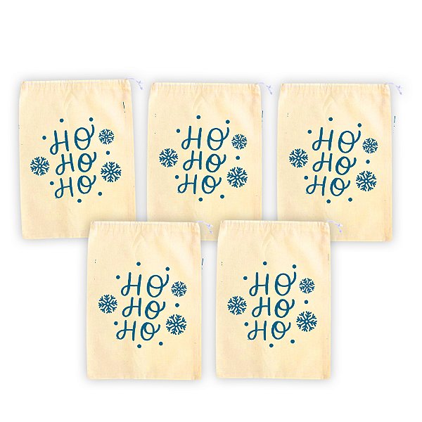 Kit Saco de Algodão Cru com Estampa Natal - Ho Ho Ho - 17x21cm - 5 unidades - Rizzo