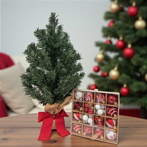Kit Árvore De Natal Com Pinheiro e Bolinhas Vermelhas e Brancas - 45cm - 1 unidade - Cromus - Rizzo