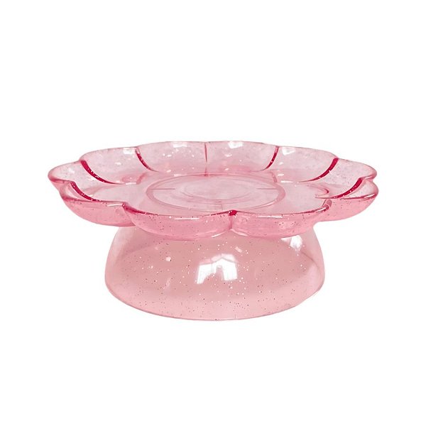 Bandeja Flower Com Pé - 180mm - Transparente Rosa Bebê Com Glitter - 1 unidade - Só Boleiras - Rizzo