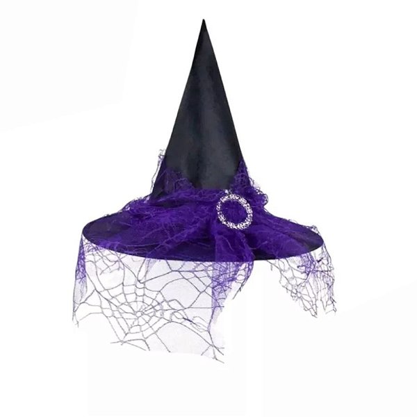 Chapéu de Bruxa Preto com Véu Roxo - 1 unidade - Rizzo