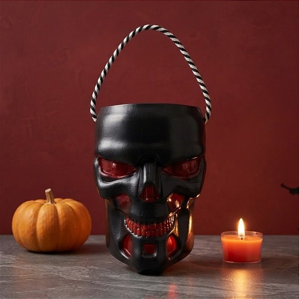 Cesta de Halloween Caveira Preta - 20cm - 1 unidade - Rizzo