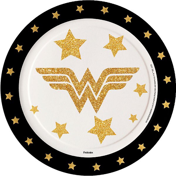 Prato de Papel Redondo - Mulher Maravilha Luxo - 8 unidades - Festcolor - Rizzo