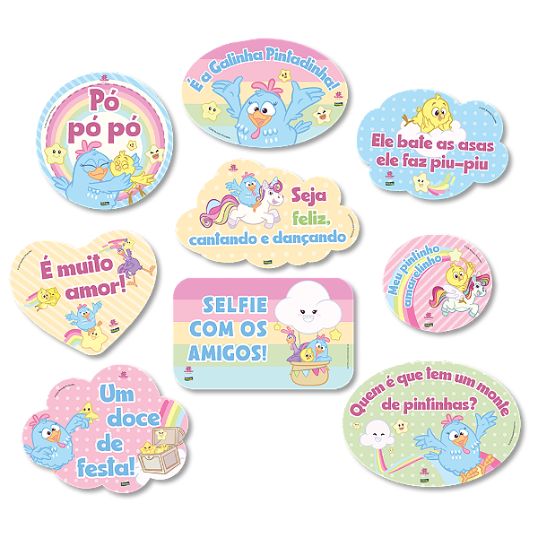 Kit Plaquinhas Divertidas Festa Galinha Pintadinha Candy - 9 unidades - Festcolor - Rizzo Festas