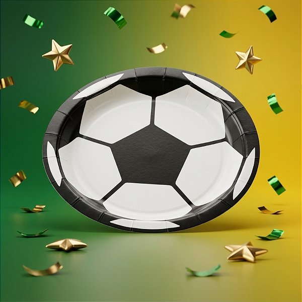 Prato de Papel Redondo Biodegradável - Bola de Futebol - 10 unidades - Rizzo