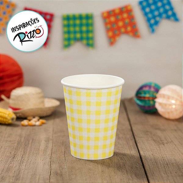 Copo de papel Biodegradável Xadrez - Amarelo - Festa Junina - 270ml - 10 unidades - Rizzo