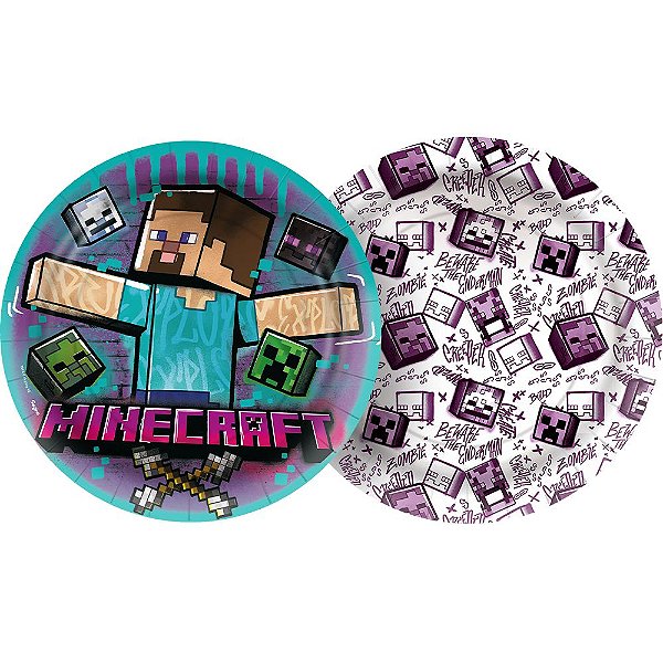 Prato Papel Redondo 18cm - Festa Minecraft Grafite - 12 unidades - Regina - Rizzo