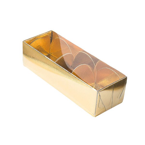 Caixa 3 Doces com Tampa Transparente Nº 3 (12cm x 4,5cm x 3,5cm) Dourada 10 unidades Assk Rizzo Embalagens