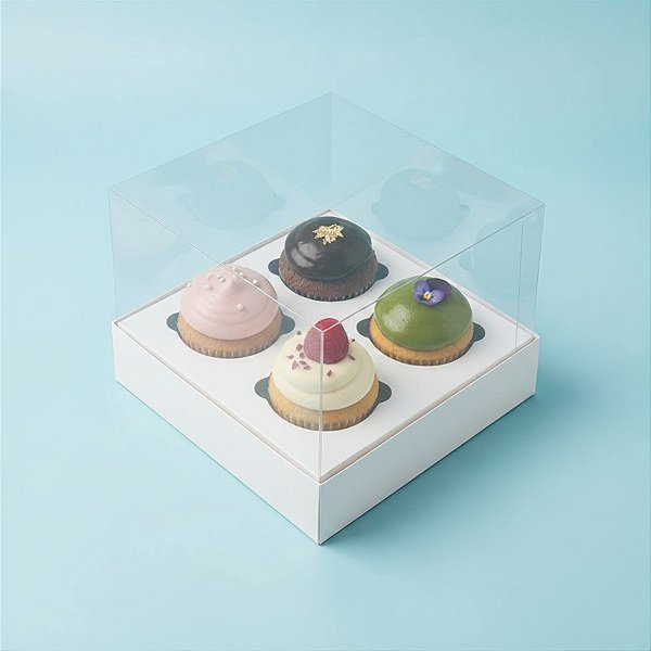 Caixa Mini Cupcake com Tampa Transparente 4 Cavidades (11cm x 11cm x 8,5cm) Branca - 10 unidades - Assk - Rizzo