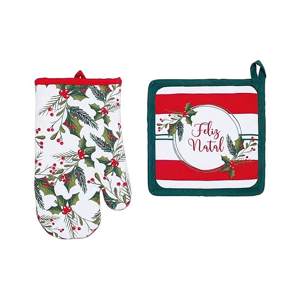 Kit Luva e Pegador Cozinha - Feliz Natal - Verde Branco e Vermelho - 1 unidade - Cromus - Rizzo