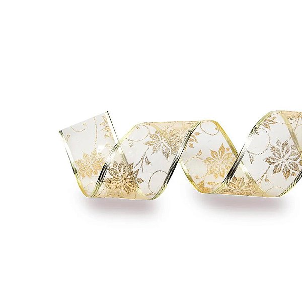 Fita Aramada Voal - Flores Ouro - 6,3cm x 9,14m - 1 unidade - Cromus - Rizzo