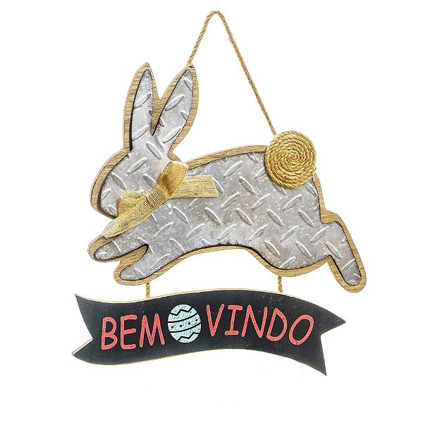 Placa Decorativa Coelho com Pompom de Juta Bem Vindo 36cm - 1 unidade - Cromus - Rizzo
