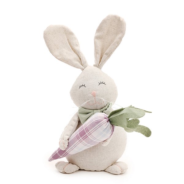 Coelho Decorativo com Cenoura Xadrez - Branco/Lavanda - 30x20cm - 1 unidade - Cromus - Rizzo