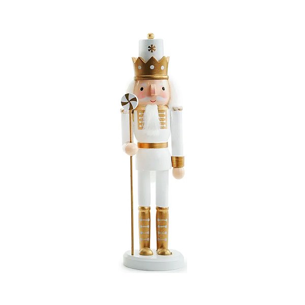 Quebra Nozes de Madeira com Bastão Pirulito - 30cm - Branco e Dourado  - 1 unidade - Cromus - Rizzo