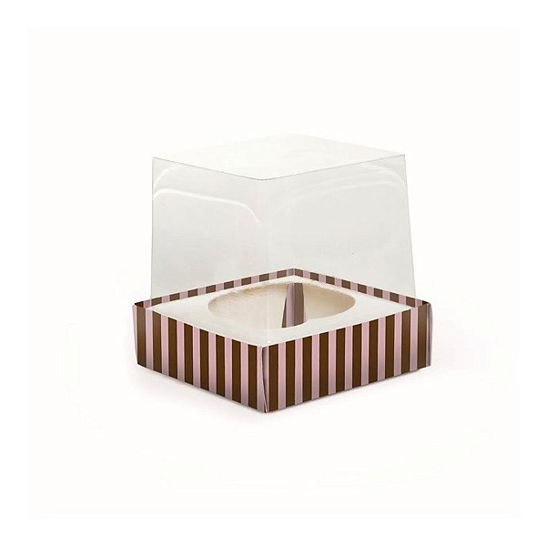 Caixa Mini Cupcake Com Tampa Transparente 1 Cavidade (5,5x6cm) Listras Rosa/Marrom - 6 unidades - Cromus - Rizzo