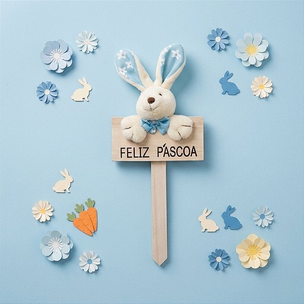 Plaquinha MDF Feliz Páscoa com Coelho Florido Azul - 1 unidade - Cromus -