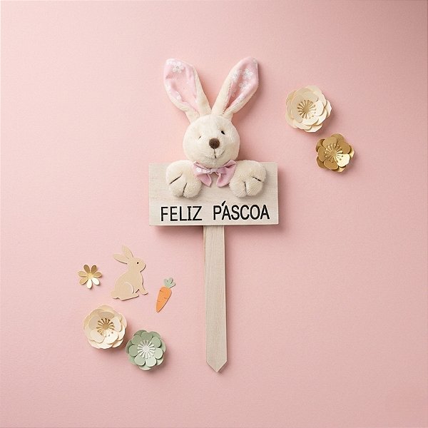Plaquinha MDF Feliz Páscoa com Coelho Florido Rosa - 1 unidade - Cromus -