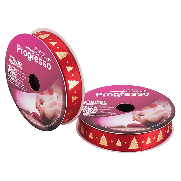 Fita de Cetim ECF003H 15mm- Cor 470 - Árvores de Natal com Estrelinhas - Rolo 10 metros  - 1 unidade - Progresso - Rizzo