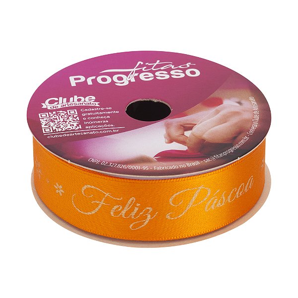 Fita de Cetim  22mm x 10m - Feliz Páscoa - Laranja ECF005H Cor 902 - 1 unidade - Fitas Progresso - Rizzo