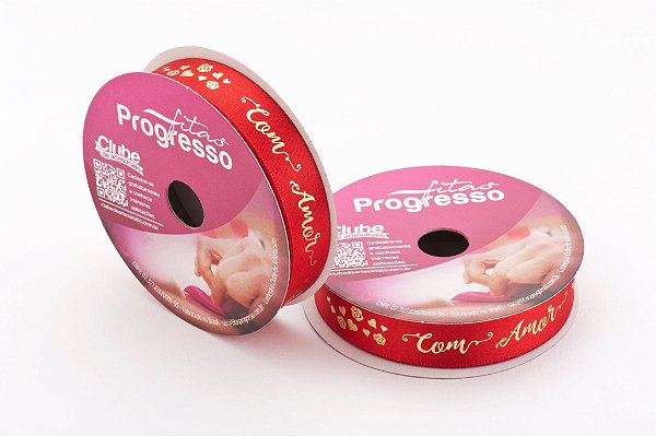 Fita em Cetim 15mmx10m Com Amor Vermelho com Dourado ECF003H 294 Progresso Rizzo Embalagens