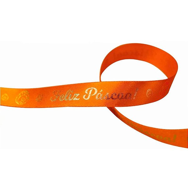 Fita de Páscoa em Cetim 15mmx10m - Feliz Páscoa Laranja com Ouro ECF003H 313 Progresso Rizzo Embalagens