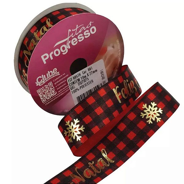 Fita de Natal em Cetim Xadrez Floco de Neve ECF005TH 001 - 22mm x 10m - Progresso Natal
