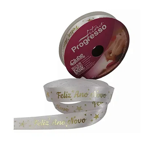 Fita de Ano Novo em Cetim Branco Feliz Ano Novo   ECF003H 366- 15mm x 10m - Progresso Natal