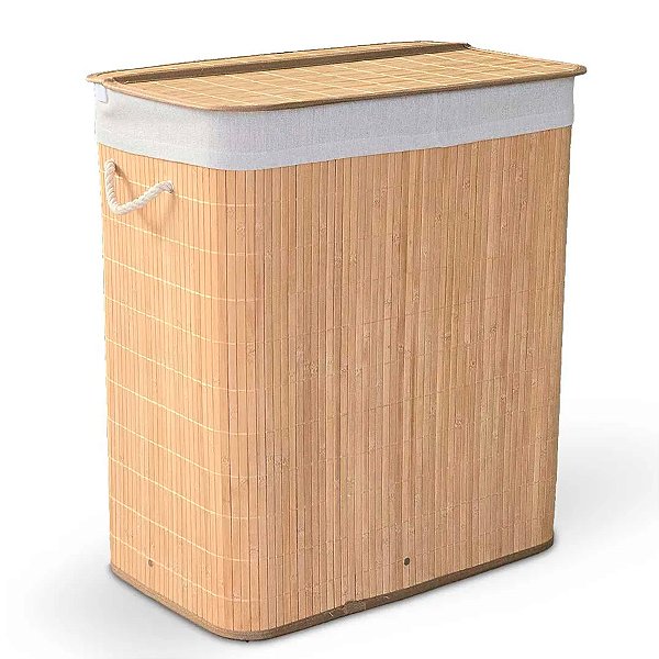 Cesto de Bambu Retangular com Dois Compartimentos e Forro - Marrom - 52x32x60cm - 1 unidade - Rizzo