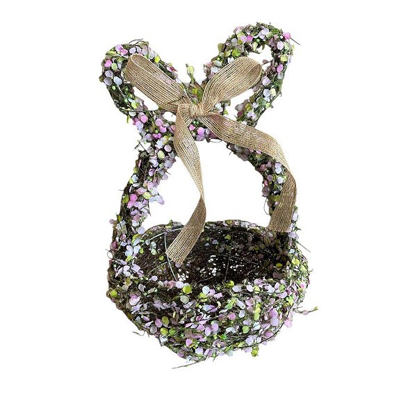 Enfeite Decorativo de Páscoa - Cesta Rústico Orelha de Coelho Folhas Coloridas - 32cm - 1 unidade - Cromus - Rizzo