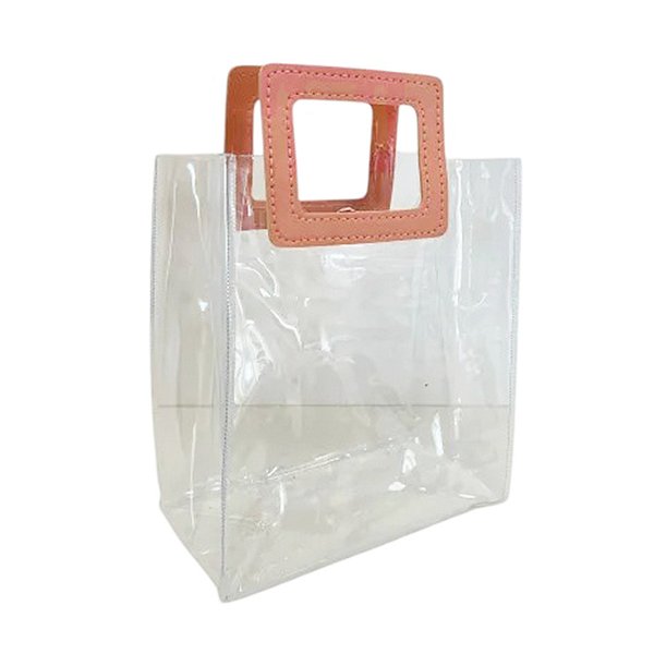 Sacola Transparente PVC com Alça Quadrada de Couro Rosa - 26x22x12cm - 1 unidade - Rizzo