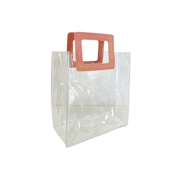 Sacola Transparente PVC com Alça Quadrada de Couro Rosa - 20x18x10cm - 1 unidade - Rizzo