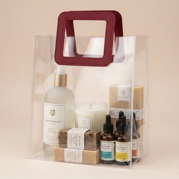 Sacola Transparente PVC com Alça Quadrada de Couro Vinho - 26x22x12cm - 1 unidade - Rizzo