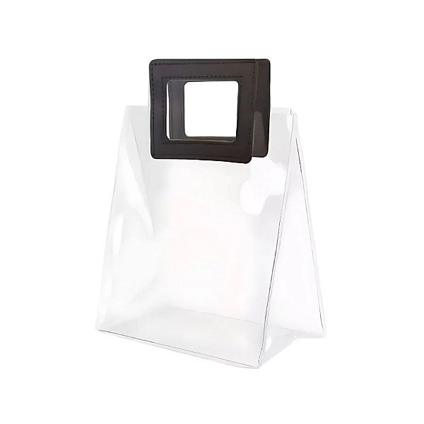 Sacola Transparente PVC com Alça Quadrada de Couro Preto - 26x22x12cm - 10 unidades - Rizzo