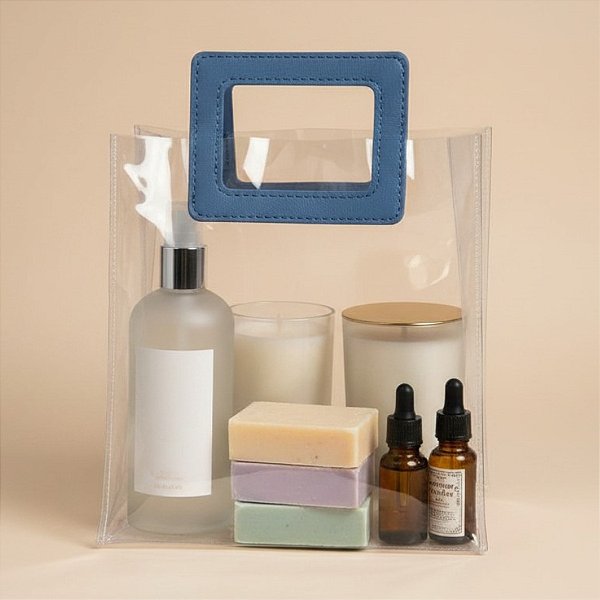Sacola Transparente PVC com Alça Quadrada de Couro Azul - 26x22x12cm - 10 unidades - Rizzo