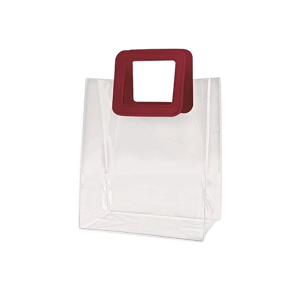 Sacola Transparente PVC com Alça Quadrada de Couro Vinho - 20x18x10cm - 10 unidades - Rizzo