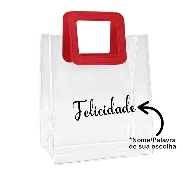 Sacola PVC com Alça Quadrada de Couro Vermelho Personalizado com Nome - 26x22x12cm - 1 unidade - Rizzo