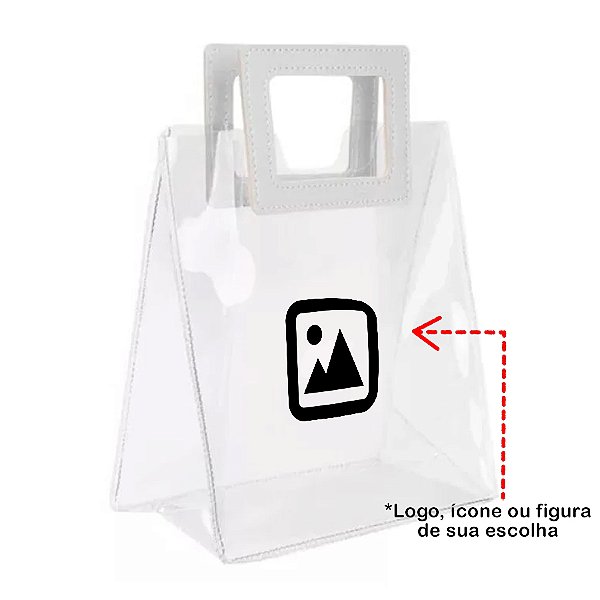 Sacola PVC com Alça Quadrada de Couro Branco com Logo Preto - 18x20x10cm - 1 unidade - Rizzo Personalize