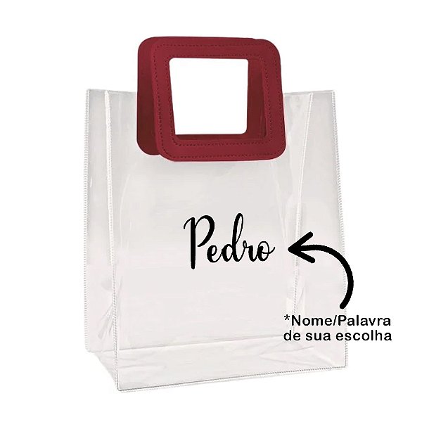Sacola PVC com Alça Quadrada de Couro Vinho Personalizado com Nome - 26x22x12cm - 1 unidade - Rizzo