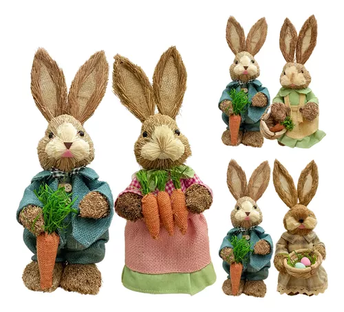 Decoração de Páscoa Casal de Coelhos de Palha Rústico - 34cm - Rizzo