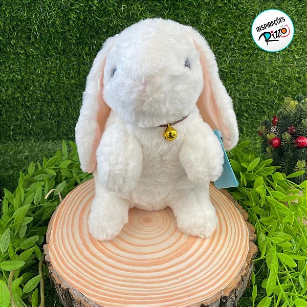 Coelho de Pelúcia Sentado com Sino - Branco - 22cm - 1 unidade - Rizzo