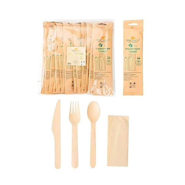 Kit Talher De Madeira Com Garfo, Faca, Colher e Guardanapo - 16cm - 20 unidades - Silver Festas - Rizzo