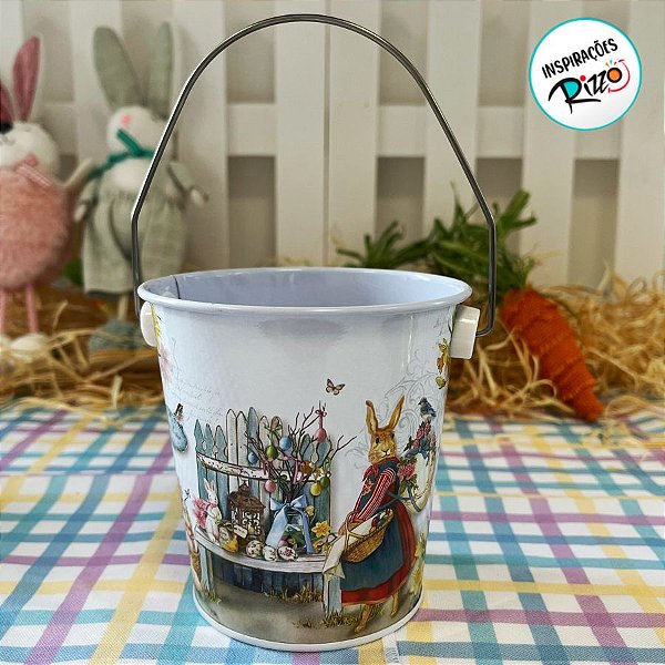 Balde de Metal de Páscoa - Mamãe Coelho com Cesta - 10,5cm - 1 unidade - Rizzo