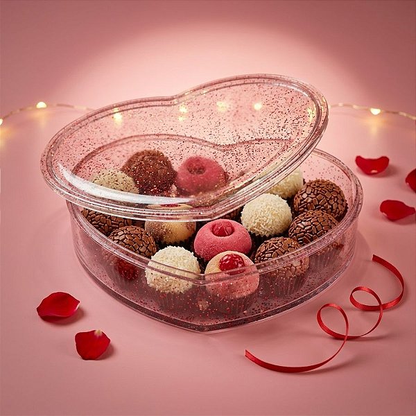 Caixa Acrílica Transparente Coração com Glitter Vermelho - 16,5cm - 1 unidade - Cromus - Rizzo