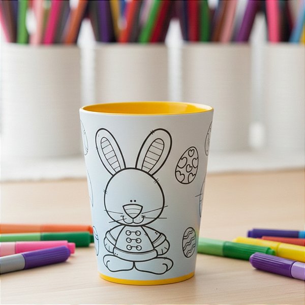 Copo para Colorir Color Cup Coelhinhos de Páscoa - Amarelo - 10cm - 1 unidade - Rizzo